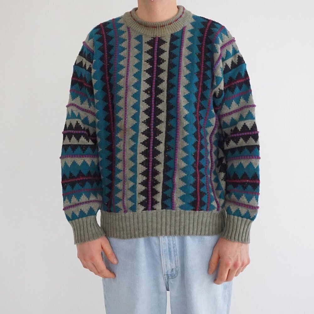 VTG Hang Ten Teal Geometric Tribal Pattern Knit Sweater Wool Blend Crewneck M